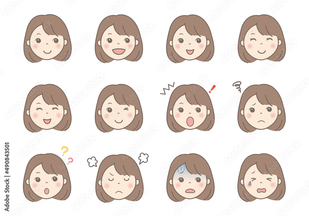 女性の顔イラスト(表情いろいろ) 女性の顔イラスト(表情いろいろ)