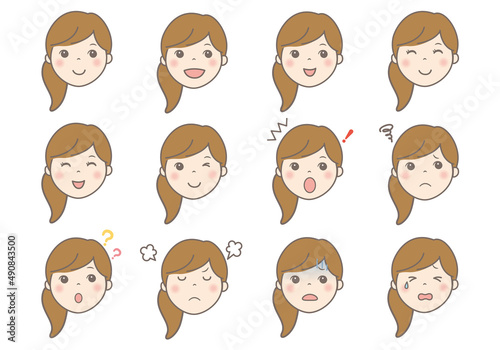 女性の顔イラスト（表情いろいろ）