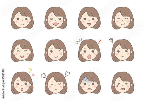 女性の顔イラスト（表情いろいろ）