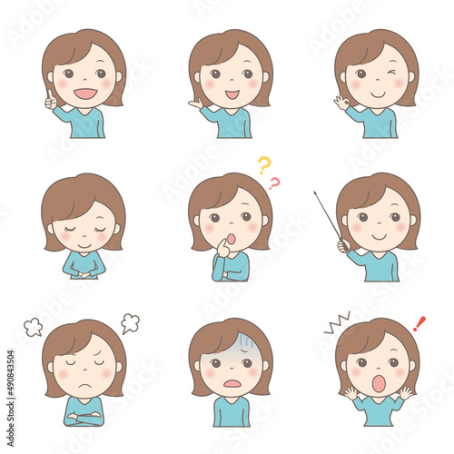 女性の上半身イラストセット（若い女性）