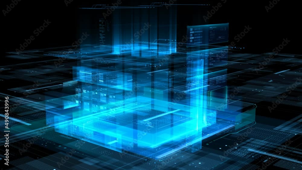 Futuristic abstract digital building. Blue holographic technology motion background. Depth of field settings. 3D rendering
