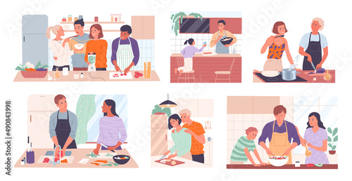 Set of scenes with people cooking food