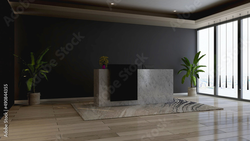 office front desk or receptionist room with wooden design interior © Ayyathullah Ahmad