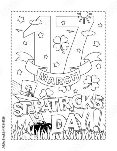 St Patrick's Day 17th March calendar sheet, coloring page, poster, sign or banner black and white activity sheet 
