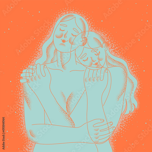oman hugs a woman standing behind her. Care, tenderness, girlfriends, sisters.