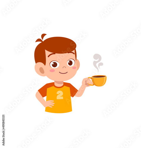 little boy drink hot chocolate and feel happy
