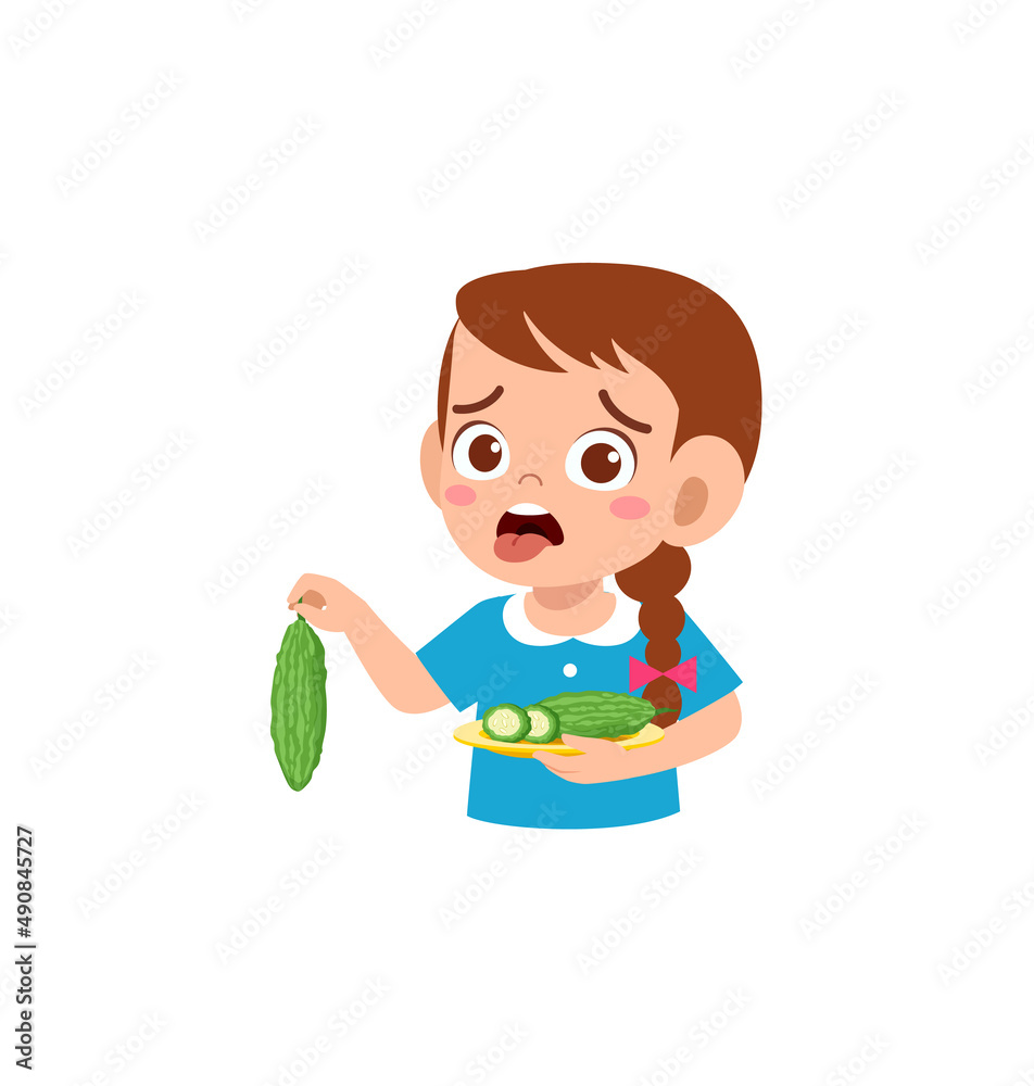 little girl feel not happy when eat bitter gourd little girl feel not happy when eat bitter gourd