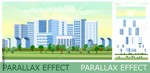 Beautiful cozy town with high-rise buildings and small houses. Country park trees. Cute cartoon style. Solid layers for image folding with parallax effect. Vector
