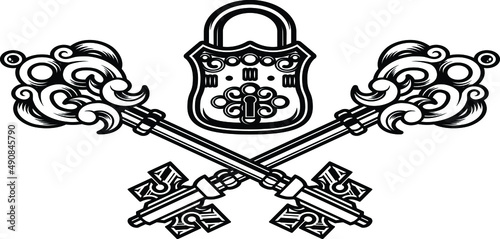 Set of vintage key and lock. Vector illustration cartoon padlock. Secret, mystery or safe icon.