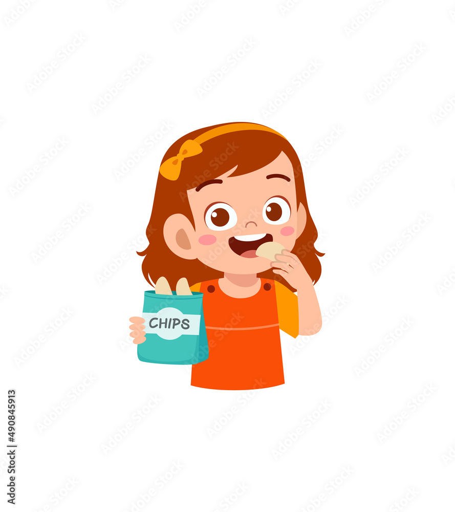 little girl eat potato chips and feel happy little girl eat potato chips and feel happy