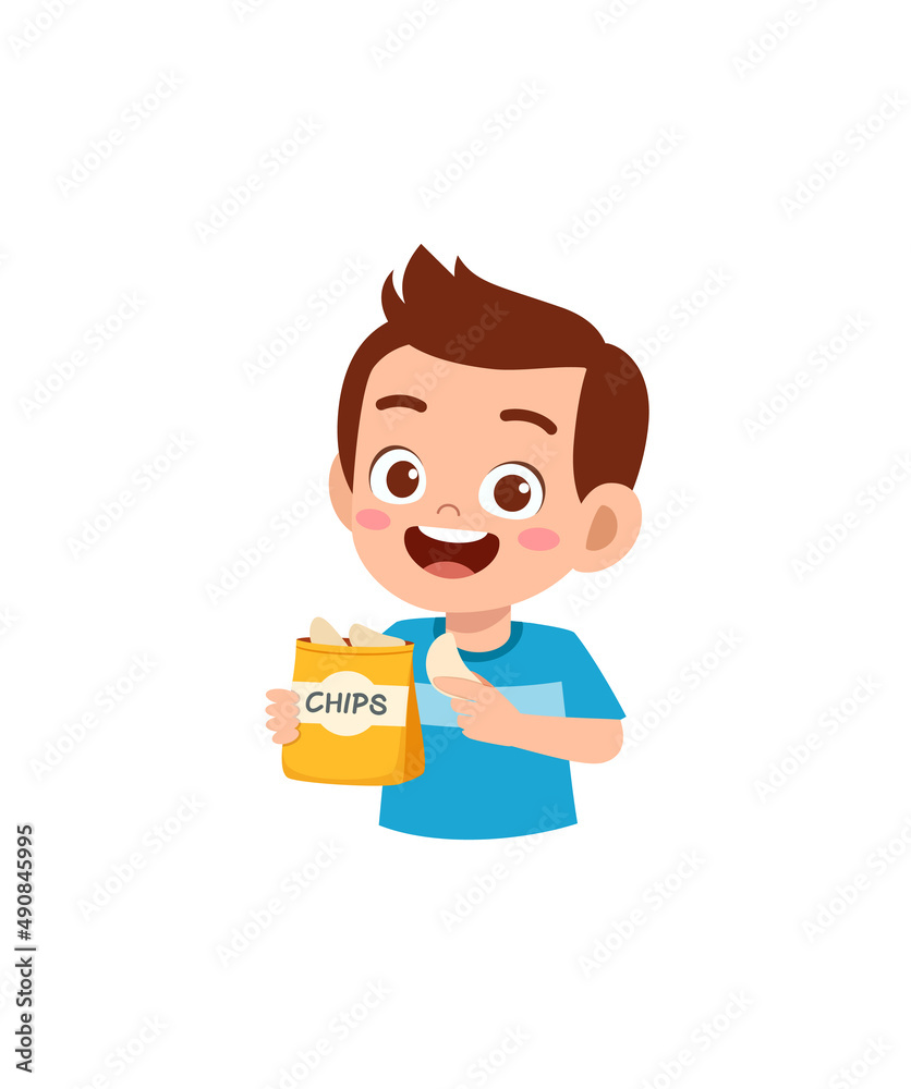 little boy eat potato chips and feel happy little boy eat potato chips and feel happy
