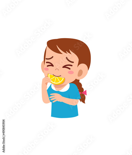 little girl eat sour lemon and show funny expression
