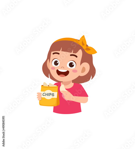 little girl eat potato chips and feel happy