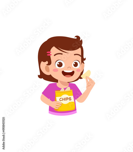 little girl eat potato chips and feel happy