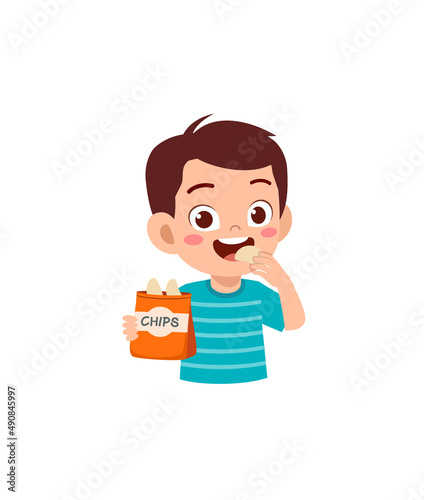 little boy eat potato chips and feel happy