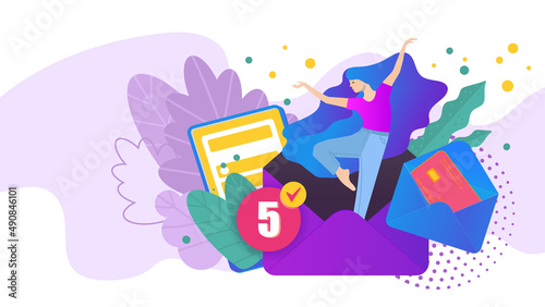 Bright business banner with woman and envelope, workload concept, stop stress vector background.