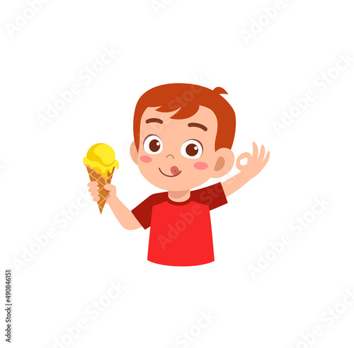little boy eat sweet ice cream and feel happy