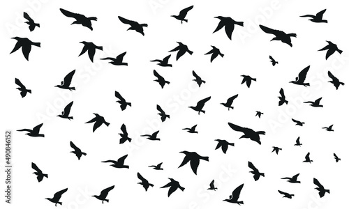 Set of ravens. A collection of black crows. Silhouette of a flying crow. Vector illustration of ravens silhouette. Grunge bird tattoo.