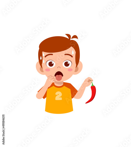 little boy eat hot chili and not feeling well