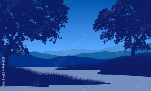 Realistic view of mountains with the lake from a suburb in the cold evening