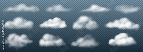 Realistic clouds. White transparent cumulus cloudy shapes mockup. Puffy smoke. Heaven evaporation. Overcast weather. Sky precipitation collection. Vector 3D cloudscape elements set