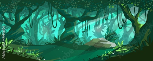 Cartoon forest background. Magic wood with green trees, bushes and sun rays. Woodland panorama. Wild nature. Plant branches with lianas. Fantasy landscape. Vector fairy tale wallpaper