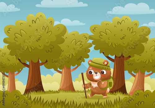 Baby bear in a hat goes hiking with a backpack and a stick. Sky, clouds, trees, bushes, grass on the background. Drawn in cartoon style. Vector illustration for designs, prints and patterns.