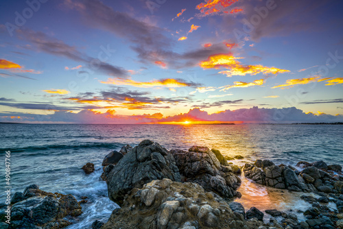 Leinwand Poster Scenic view of a sunrise in Saint Martin island in the Caribbean Sea