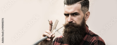 Fotografie, Tablou Hairdresser scissor and man retro razor