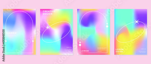 Set of fluid gradient wall art template. Colorful banner with geometric shape with minimalist line and sparkle. Modern wallpaper design perfect for social media, decoration, business, frame, cover.