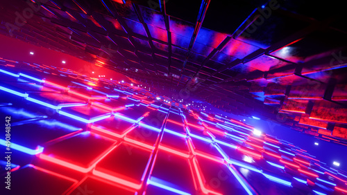 Flying along a corridor of glowing cubes. 3D rendering illustration.