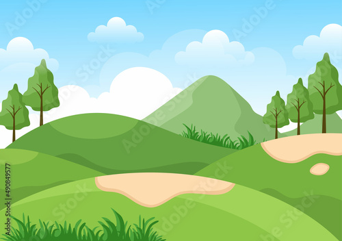 Playing Golf Sport with Flags  Sand Ground  Sand Bunker and Equipment on Outdoors Yard Green Plants in Flat Cartoon Background Illustration