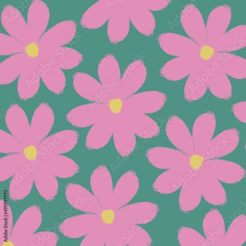 seamless pattern with pink flowers on green background