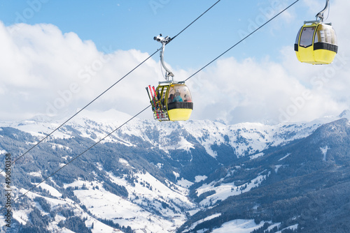 Cable car in a skiing resort in Europe during winter holiday