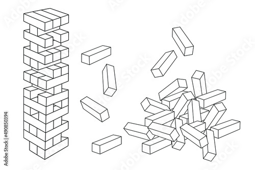 Jenga game. Wooden cubes block puzzle. Brick element tower and collapsed pile. Sketch vector illustration