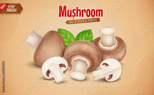Fresh Brown Mushrooms vegetable vector illustration with mushroom slices on brown background
