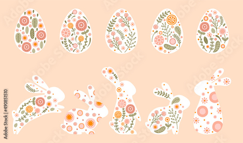Set easter eggs and rabbits in pastel colors. Illustrations silhouettes bunnies with flowers and abstract pattern. Vector