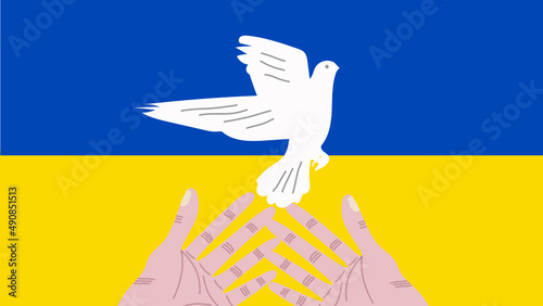 A pair of hands is letting go a white dove. with the color of Ukrainian flag as background, symbolizing stand with Ukraine. Vector. 