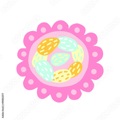 Colored eggs on plate top view vector illustration. Easter traditional meal