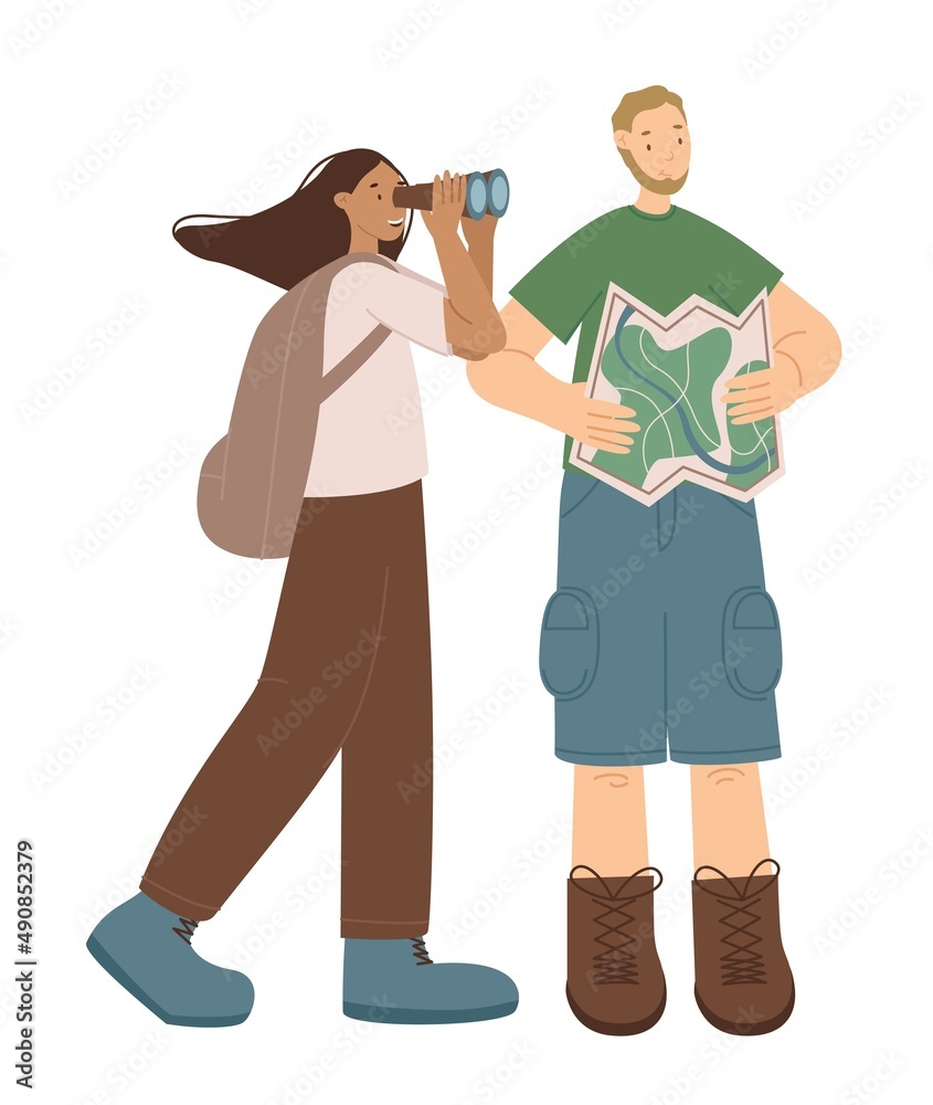 Happy travelers are looking for the right way on the map vector illustration. Traveler characters isolated on a white background