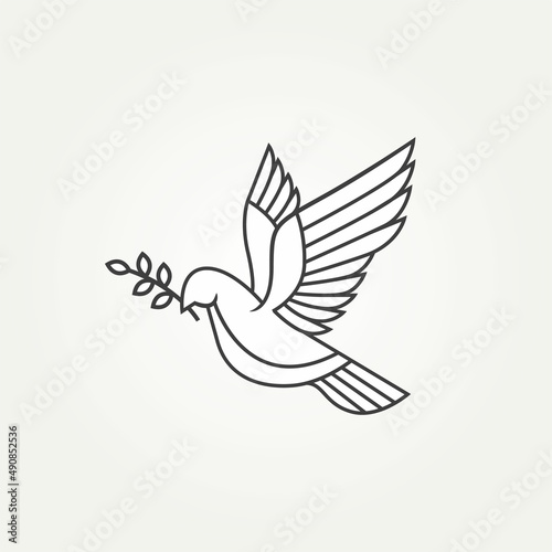 isolated flying dove or pigeon holding olive branch line art simple icon template vector illustration design. minimalist pacifism, peace maker, symbol of peace concept