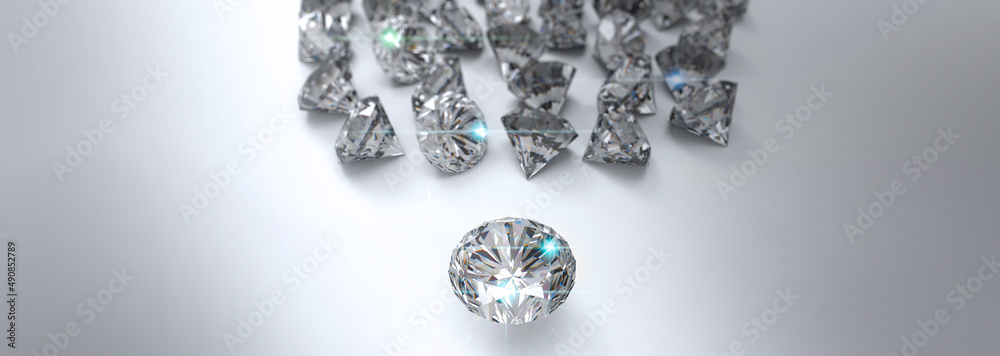 Diamonds isolated 3D rendering illustration.Round cut diamond on white glossy background, rear light, shadow, caustics rays.