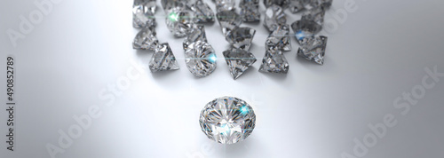 Diamonds isolated 3D rendering illustration.Round cut diamond on white glossy background  rear light  shadow  caustics rays.