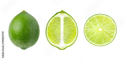 Collection of whole and half sliced of green lime fruit isolated on white background.