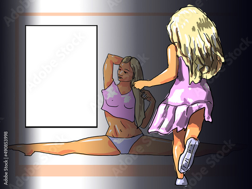 two girls in the room, beautiful, girl, dancer, athlete, dancing, dress, dance, illustration, woman, figure, slim, naked, fun, illustration, illustration, image, pensona, character, child,