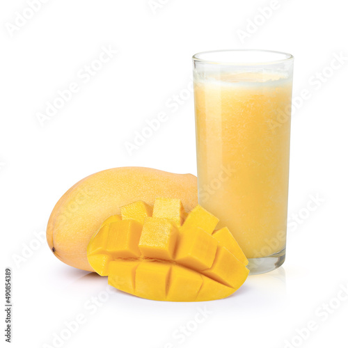 Mango smoothie juice isolated on white background.