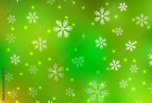Light Green, Yellow vector template with ice snowflakes, stars.