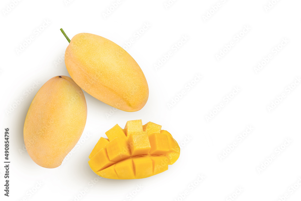 Mango fruit with half sliced isolated on white background. Top view. Flat lay. Mango fruit with half sliced isolated on white background. Top view. Flat lay.