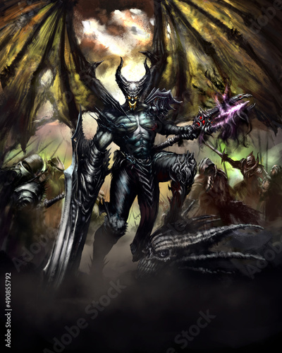 Fotografie Destroyer demon with a huge sword, cursed staff and wings, stands on the monster's skull with its back to the battlefield