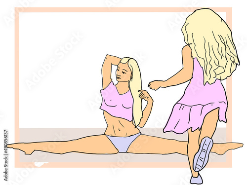 two girls on the couch, beautiful, girl, dancer, athlete, dancing, dress, dance, illustration, woman, figure, slim, naked, fun, illustration, illustration, image, pensona, character, child,